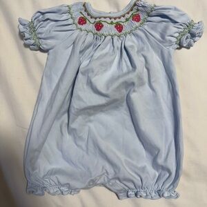 Hug me first Strawberry Smocking on Light Blue Bubble | 12M